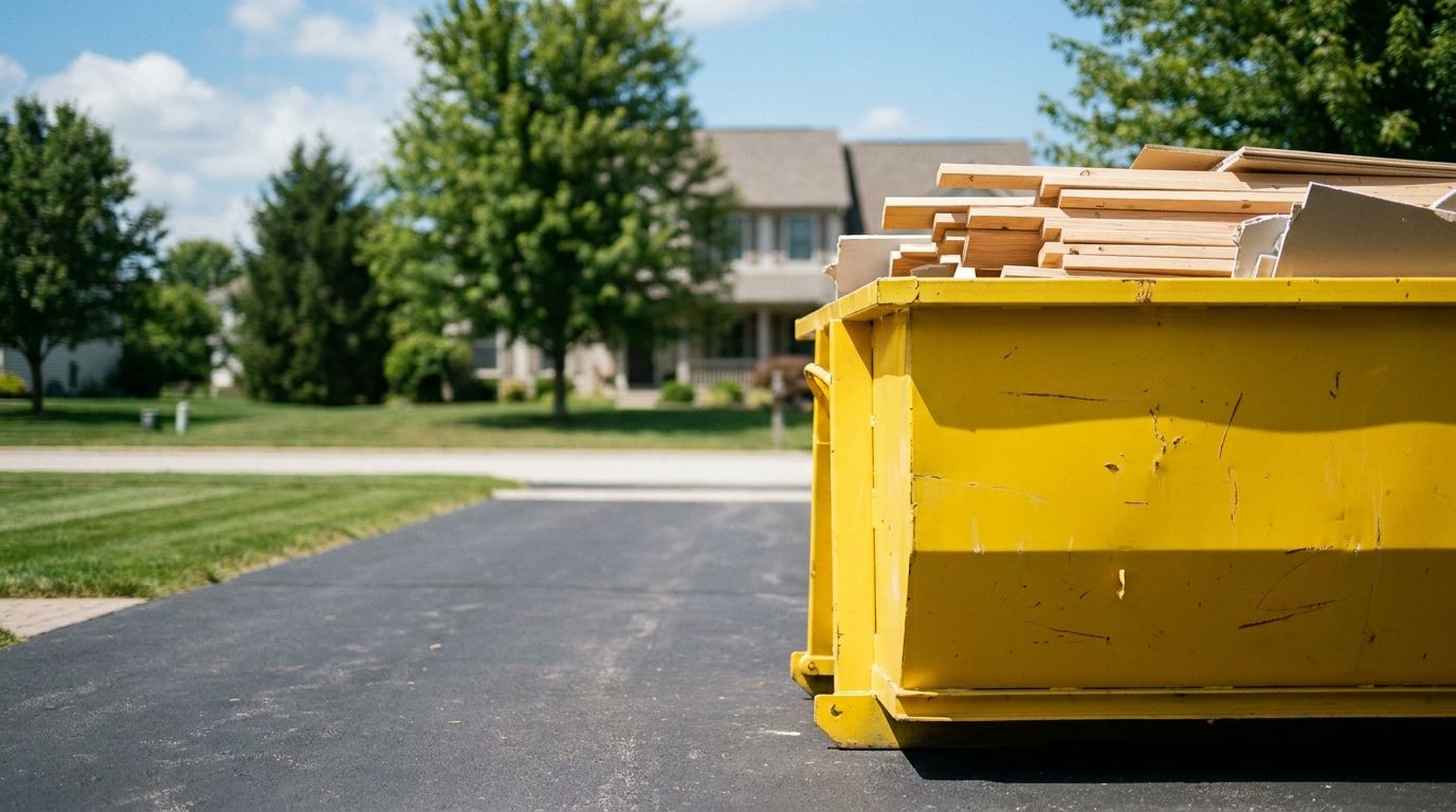 Roll-off dumpster rental delivered to a Kansas City, Missouri driveway